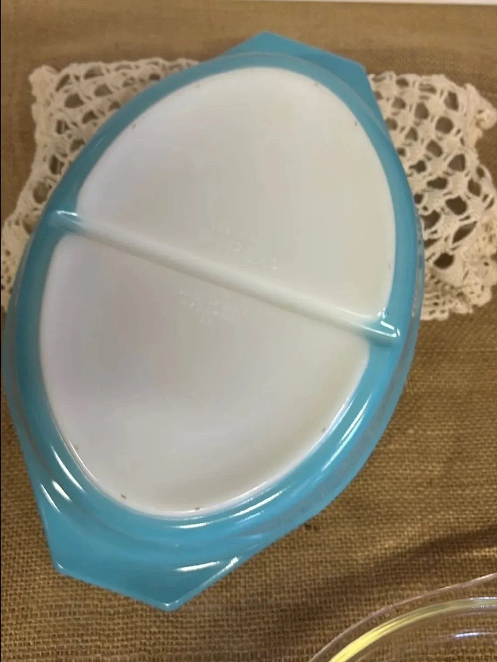 PYREX Vintage Turquoise Oval Divided Casserole Dish with divided clear glass lid